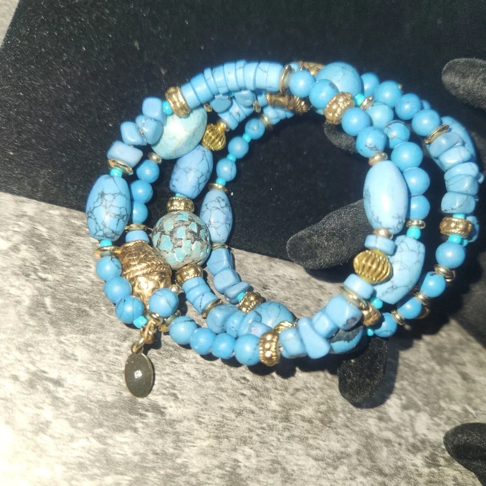 Chicos Blue Turquoise  color Multi Strand Wrap Bracelet Gold Tone Accents